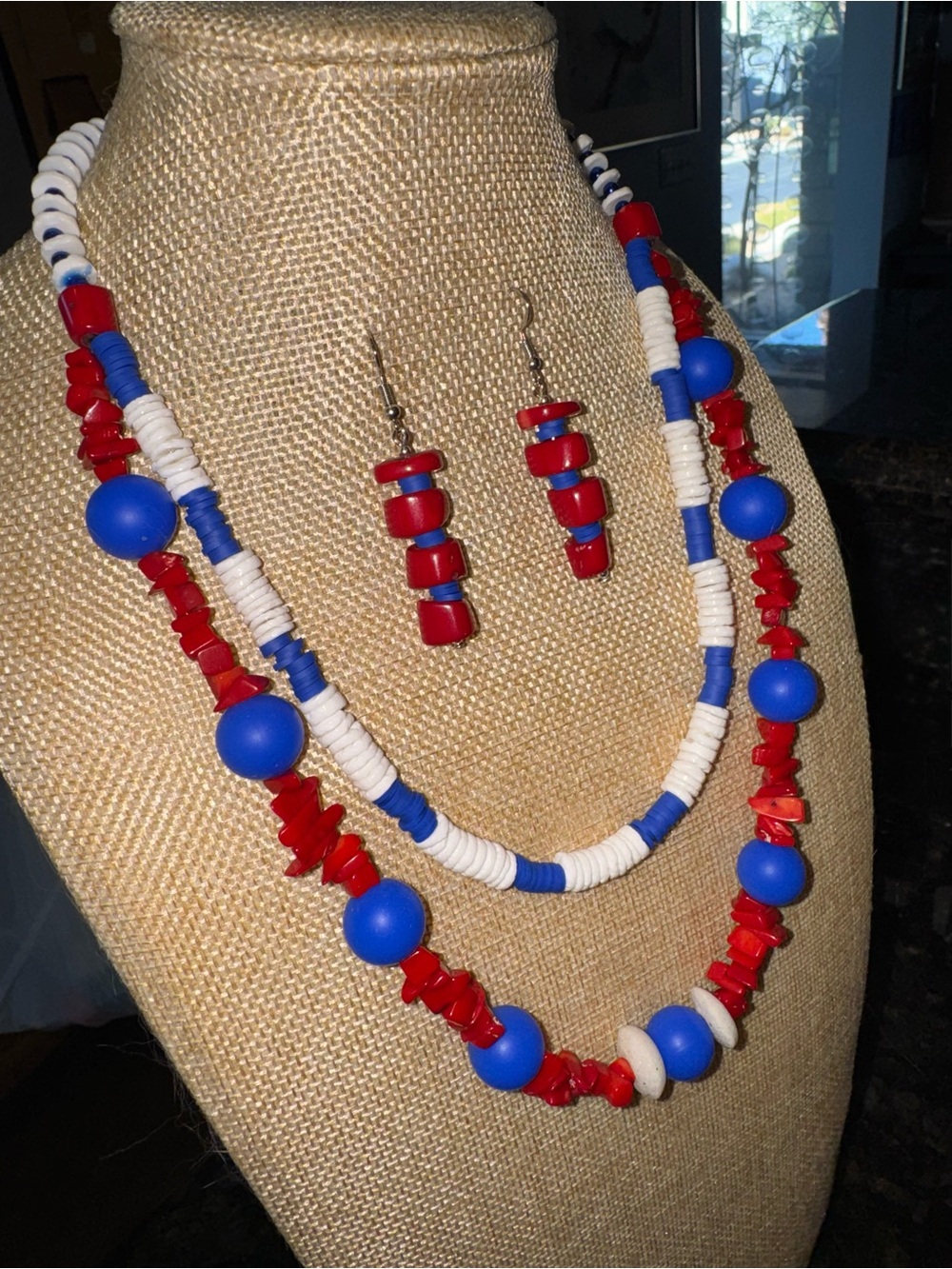 Handmade Red, White & Blue Beaded Necklace and Earring Set